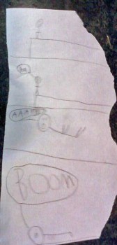 My older son drew this a couple years ago. He called it "man walks off a cliff".